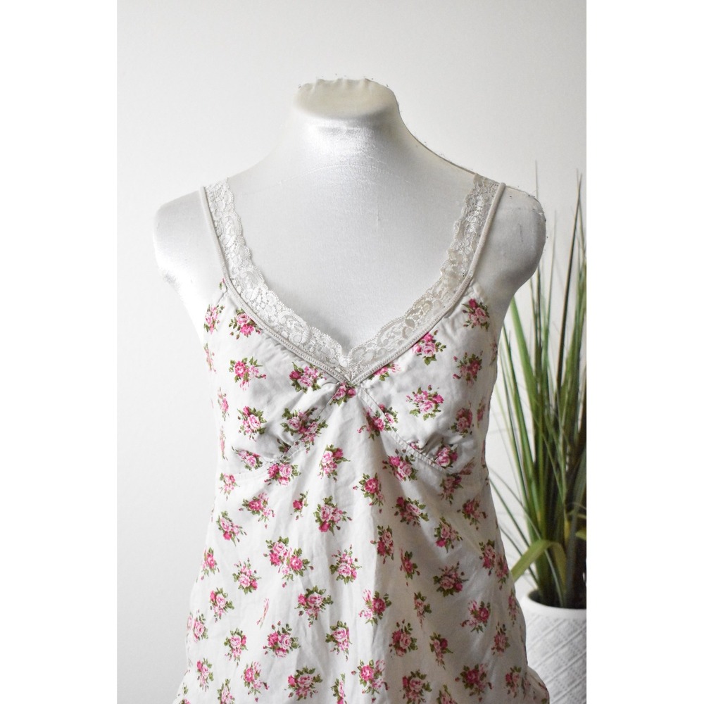 Unbranded Floral Camisole Women Medium White Pink Y2K Lace Ruffle Hem Cotton - Picture 2 of 9